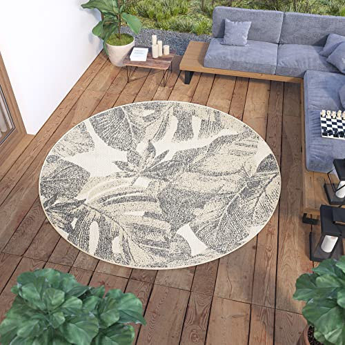 TAPISO Viera Teppich Outdoor Rund Creme Grau Palmenblätter Boho Wasserfest UV-Beständig Loop-Teppich Indoor Terasse Balkon ÖKO-TEX 160 x 160 cm