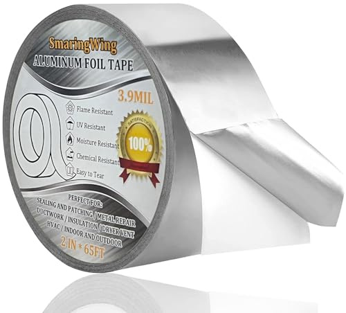 Aluminum Foil Duct Tape Heavy Duty Waterproof, Premium Silver Metal HVAC Heat Tapes (2*65Feet,3.9mil), High Temperature, Dryer Vent Insulation Tape for Ductwork, Ducting, Sealing, Patching, Furnace