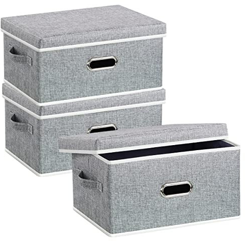 HORRAu Fabric Storage Boxes with Lids 3 Pack, Grey Collapsible Storage Bin 37x27x20 CM, 20L