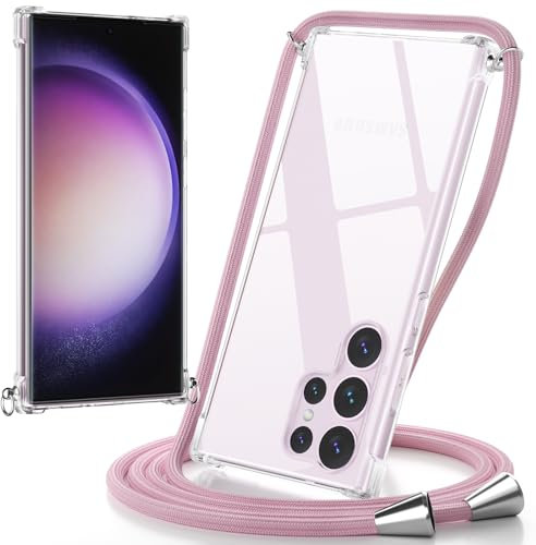 caslord Handyband Handyhülle mit Band für Samsung Galaxy S23 Ultra, Handyband zum Umhängen Handy Umhängeband TPU Handyhülle mit Kette für Galaxy S23 Ultra-Roségold