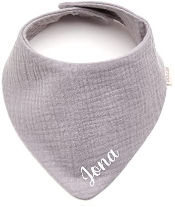 Personalisiertes Dreieckshalstuch aus Baumwolle, Halstuch für Jungen, Mädchen, Unisex, mit Druckknopfverschluss, in verschiedenen Farben mit Wunschnamen (Grau)