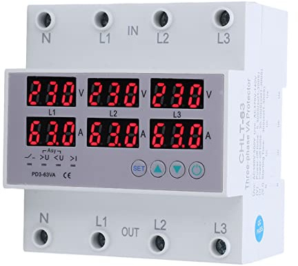 Amperometro Trifase Voltmetro su Guida DIN Trifase Amperometro Protezione da Tensione e Corrente Protezione da Sovracorrente da Sovratensione Automatica CA 390‑500 V (63A)