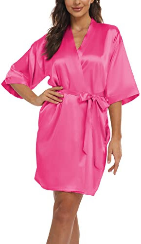Teemie Damen Morgenmantel Bademantel Satin Kimono Robe Nachtwäsche Mit Gürtel Taschen Braut Brautjungfern Kurz Sexy V Ausschnitt Nachthemd Sommer Frauen 3/4 Ärmeln Pajama Hochzeit Party Rosa L