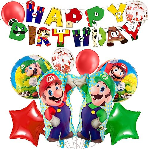 CHUKUA Super Balloons Bros Foil Balloons Happy Birthday Banner for Kids Party Supplies Decoration