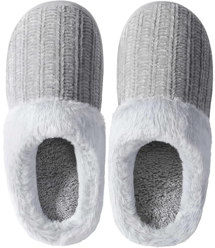 shoeslocker Womens Memory Foam Fuzzy Slippers Knitted House Slippers for Women Comfy Slip-On Warm House Shoes, grey size 8-9