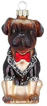 Christbaumschmuck Mops im Frack 9cm Glas - modischer Hund im Anzug zum Aufhängen Braun Beige - Weihnachtsbaum Anhänger Haustiere - Mode & Handbemalter Weihnachtsbaumschmuck