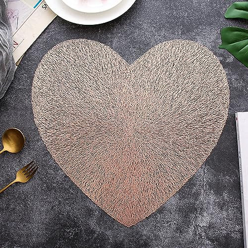 Hosoncovy 4-Pack Herz Tischsets Tischmatten Set Waschbare PVC rutschfeste hitzebeständige Tisch Platzmatten Abendessen Matten Mahlzeit Matte für Küche und Esszimmer für Hochzeit (Roségold)