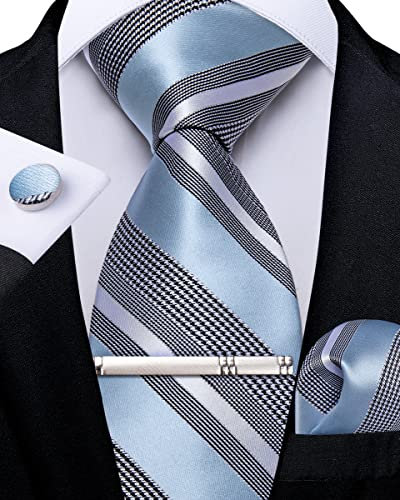 DiBanGu Hellblau Gestreift Krawatte für Herren Formellen Seidenkrawatte und Einstecktuch Manschettenknöpfe Hochzeit Party Krawattenklammer Set