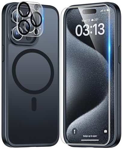 TAURI Magnetic Black for iPhone 15 Pro Max Case, and HD Screen Protector, [Military Grade Drop Tested] Slim Matte Back Phone Case 6.7 inch