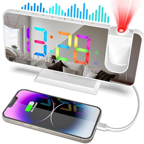 zerotop Projection Alarm Clock Radio Alarm Clocks Bedside with Projector,7.4 LED RGB Color Mirror Display,5-Level Brightness Dimmer,USB Charger,Snooze,12/24H,Digital Alarm Clock for Bedroom (White)