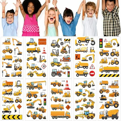 ALEGRE® 10 Blätter Bagger Tattoo Kinder Jungen Mädchen, 85+ Kindertattoos Hautfreundlich Traktor, Kinder Tattoo Jungen Baustelle, Tattoos für Kinder Jungs,Bagger Kinder Sticker,Kinder Bagger Aufkleber