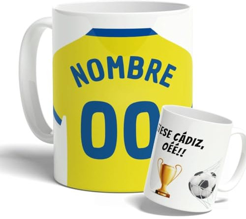 DEREGALOOS Taza Personalizada con nombre de Fútbol Cádiz. Tazas de Desayuno personalizada. Regalo Original para Aficionados del Futbol. Regalos Mundial Cádiz. Pulsera de regalo