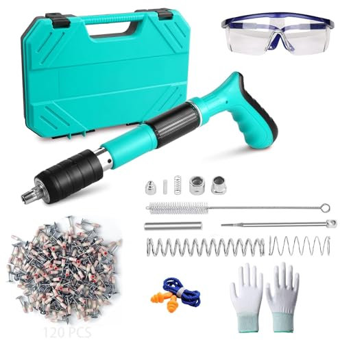 Yabingbos Pistola Clavos Manual con 5 Niveles Potencia Ajustable, Pistola Clavos Portátil con 120 Piezas Clavos Redondos para Techos, Tuberías, Instalación de Circuitos, Decoración Interiores(Azul)