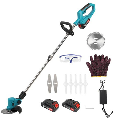 Débroussailleuse Electrique sans Fil 2.0Ah Coupe Bordure avec 2 Batterie et Chargeur Taille Bordure avec Roues & avec 3 Type De Lames, Pliage Rétractable Tête Pivotante 90°pour Jardin Élagage (Bleu A)
