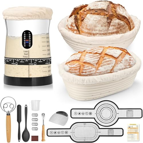 Coco Bird Sauerteig Starter Set – 1,5L Sauerteig Glas mit Thermometer, 2 Naturrattan Gärkörbchen (Rund & Oval), 17 Rezepte, Brotbackset inkl. Teigbesen & Brot backen Zubehör für Anfänger & Profis