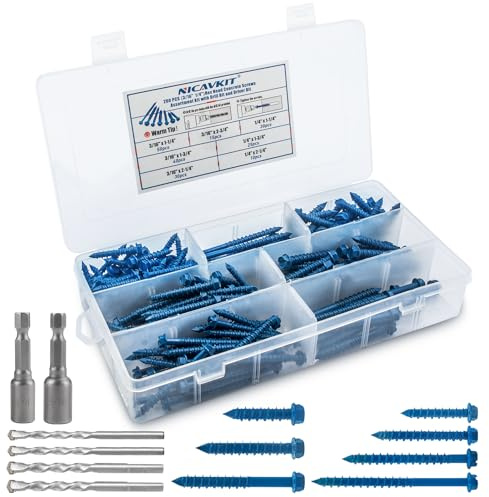 RURITKIT 200Pcs Concrete Screws with Drill Bit and Driver bit, 3/16 1/4 Hex Head Concrete Cement Screws Assortment Kit for Anchoring to Masonry, Block or Brick Stucco, Length 1-1/4 to 2-3/4
