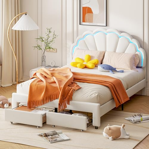 LEMCC Kinderbett 140x200, Mädchen Bett, LED Einzelbett Mit Blütenblatt Kopfteil, Muschelkopfteilbett, Prinzessin Bett, Jugendbett Mit Lattenrost Und Schubladen, Verstellbarem Kopfteil, Samt