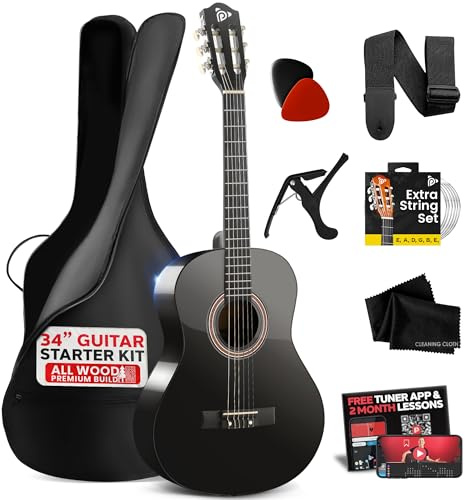 Pyle Akustikgitarre für Anfänger, 1/2 Junior-Größe, aus Holz, Nylon-Saiteninstrument mit Kapodaster, Gurt, extra Saiten-Set, Gigbag, Gitarren für Anfänger, Erwachsene, Jugendliche, 86,4 cm, schwarz