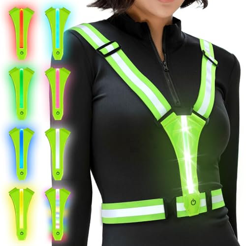 Ainiv Gilet de Sécurité Unisexe, Gilet Réfléchissant Running, Gilet Reflechissant Vélo LED Rechargeable USB-C, Harnais de Reflechissant Réglable pour Jogging, Randonnée, Promener Le Chien (Vert)