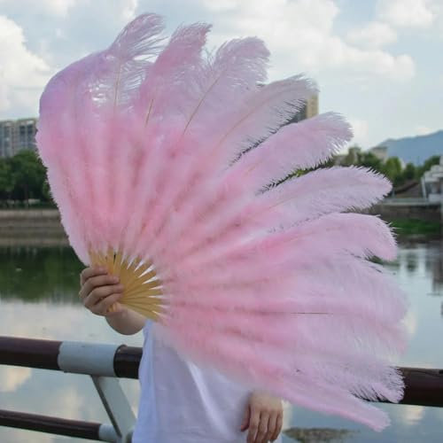 13Bone Ostrich Feathers Fan White 100CM 130CM Performance Dance Props Plumages Fans Foldable Crafts Fan with Fan-Light Pink-Small Fan 2pc