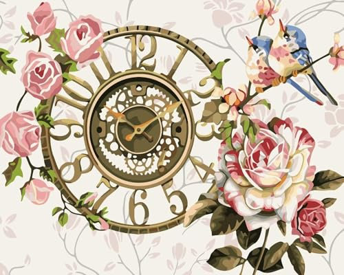 Clock Flower Bird Paint by Numbers for Adults,Without Frame DIY Oil Painting Kits on Canvas,with Brushes and Acrylic Pigment Painting Crafts Gift for Home Wall Decoration 12x16 inch