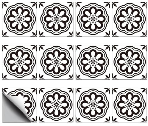 CHGCRAFT 36Pz Adesivi per Piastrelle 10x10cm Nero Modello Floreale piastrelle adesivi impermeabile piastrelle adesivi quadrati con motivo floreale per cucina bagno camera da letto decorazione murale