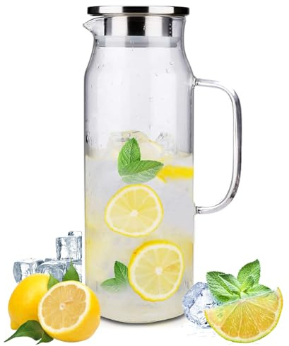 1.5 Litri/50.7 Once Caraffa Vetro con Coperchio,Brocca Acqua Vetro Borosilicato Calore Resistente,Bottiglia Vetro per Bevande Fatte in Casa,Caraffa per Acqua Calda Fredda,Caffè,Latte,Succo,Tè Freddo