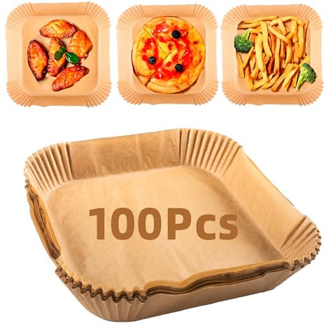 100 Pcs Papel Freidora Aire, Papel Air Fryer Cuadrado 20x20 cm, Accesorios Freidora de Aire, Air Fryer Paper, Papel para Hornear para Freidora de Aire Caliente Microondas (100)
