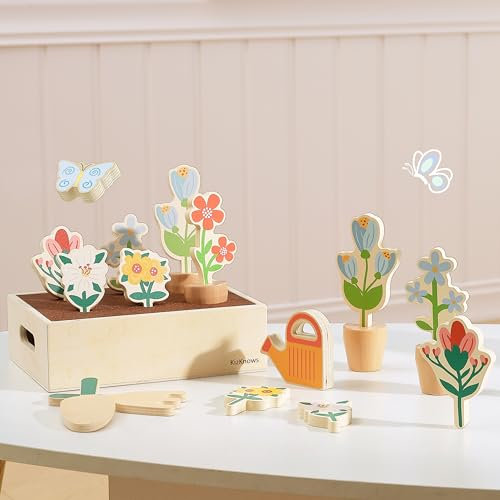 KizKnows Wooden Toy Flower Garden Set Natural Gardening Toy Playset for Toddlers Pretend Play Wooden Toy Food Set Indoor Garden Educational Gift for Girls Boys 3 Years and Up