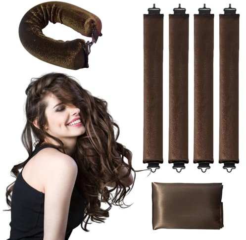 Lockenwickler Ohne Hitze, 4 Stück Lockenwickler über Nacht mit Lockenband ohne Hitze,Hitzefreie DIY Overnight Locken Locken über Nacht für alle kurzes und langes Haar (Braun)