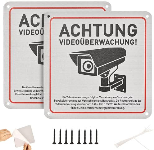 2 pezzi Cartello area Videosorvegliata, Videosorveglianza Alluminio, 15x15cm, con Fori di Perforazione e Accessori di Installazione