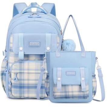 Tanou Rucksack Schule Mädchen Teenager, Großes Schulrucksack-Set mit Schüler-Umhängetasche, Karo-Muster Lässiger Daypack Kinder Schulranzen School Bag for Girls, 26L, Blau