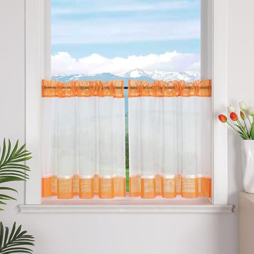Delien Leinenoptik Scheibengardinen mit Kräuselband und Tunnelzug Halbtransparente Bistrogardinen für Küchenfenster Landhaus Kurzstores 1 Stück,Orange,BxH 90x45cm