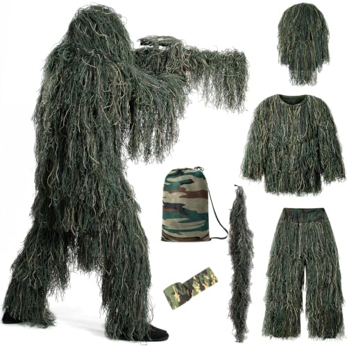 Bosvin Ghillie Suit, 7-in-1 3D Camouflage Hunting Gear for Men/Women/Youth, Perfect Hunting Clothes Halloween Costumes Sniper Costume for Adult (Green)