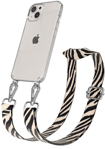 EAZY CASE Handykette - Verstellbares Taschenband kompatibel mit iPhone 13, Schulterriemen, Handykordel mit Silikon Hülle, Umhängetasche, Zebra - Schwarz Beige Silber