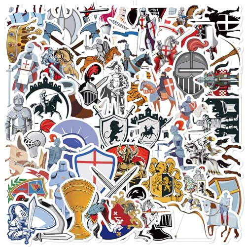 50 Stück Mittelalterliche Ritter-Aufkleber für Erwachsene, wasserdichte Vinyl-Aufkleber mit Rüstung, Pferden, Schilden und Schwertern, historische Schlacht-Themen-Aufkleber für Laptop, Koffer