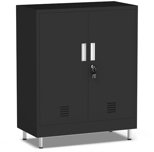 JINGUR Abschließbarer Metallschrank, 2 Türen, 80 x 40 x 102,3 cm, Schwarz | 4 Schlüssel, 2 höhenverstellbare Einlegeböden, verstellbare und abnehmbare Füße, für Büro, Werkstatt und Garage