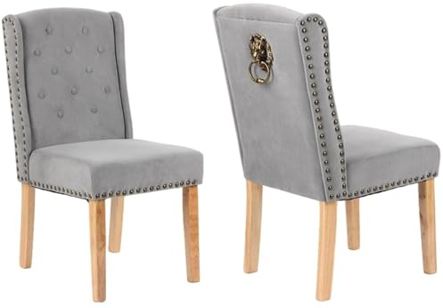 MILLIES DESIGN Set of 2 FRANCESCA Luxury Velvet Dining Chairs, Luxury Velvet Chairs 12 Button backrest, studded detailing, Lion head knocker, wooden legs (GREY VELVET)