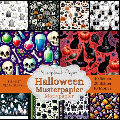 Motivpapier Halloween Musterpapier - Scrapbook Papier Kollektion: Vielseitig einsetzbar als Hintergrund oder zum Ausschneiden Ideal für Scrapbooking, ... Designs, je 2 Blatt, insgesamt 20 Blätter