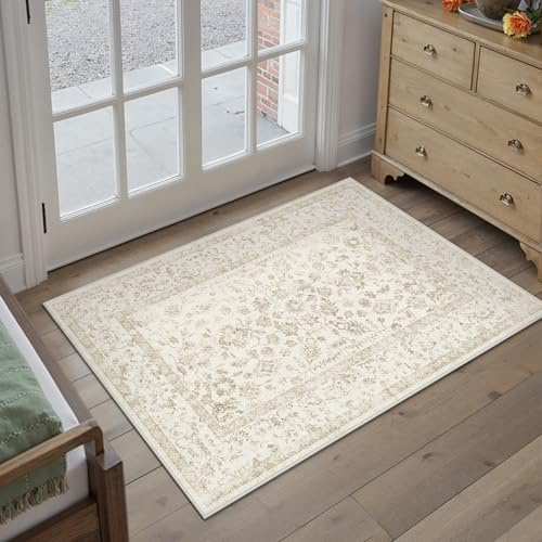 PureCozy FußMatte Innen Vintage Waschbarer Teppich klein 60x90cm,Beige | Weicher Kurzflor, Rutschfest, Pflegeleicht, Eingang, Küche,Schlafzimmer,Bettvorleger,Kinderzimmer ,Büro