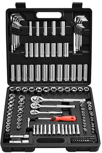 VEVOR Socket Set, 149 Pieces, 9.5 & 6.4 & 12.7 mm Drive Socket and Ratchet Set, SAE and Metric, Deep and Shallow, Mechanic Tool Kit with Bits, Accessories, Storage Case, CR-V Alloy Steel, for Repair