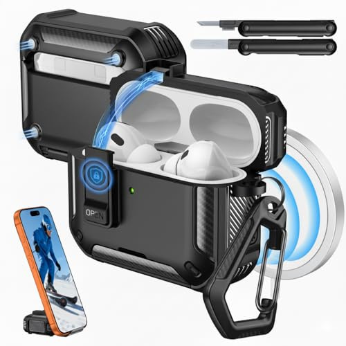 MoKo for AirPods Pro 3 Case with Lock 2025 - Compatible with MagSafe, Phone Stand & Auto Pop-up for AirPods Pro 3rd Generation Case, Military-Grade Protective Cover with Cleaner Kit, Black