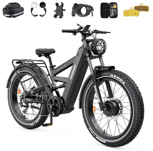 TESWAY X9 ULTRA Electric Bike, Dual Motor 200KM/120 Miles Long Range Ebike, 60V 30A 1800Wh, 26 240NM Fast Fat Tire Full Suspension AWD E-Bikes
