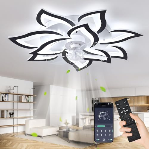 Deckenventilator Mit Beleuchtung,100W Leise Fan Lampe Mit Ventilator Dimmbar LED 10 Lichter 12000LM Blumenform Reversibler Deckenlampe Für Wohnzimmer Schlafzimmer Esszimmer Innenbeleuchtung,Schwarz