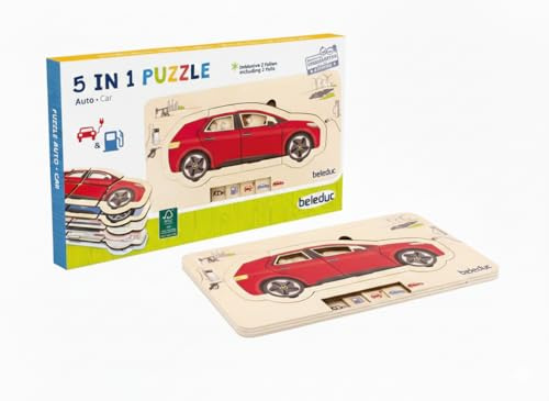 Beleduc Lagen-Puzzle Auto, Holz Lernpuzzle mit 5 Schichten – Motorikspielzeug ab 4 Jahren – Pädagogisches Montessori Puzzle für Kinder – Fahrzeug Aufbau spielerisch Lernen