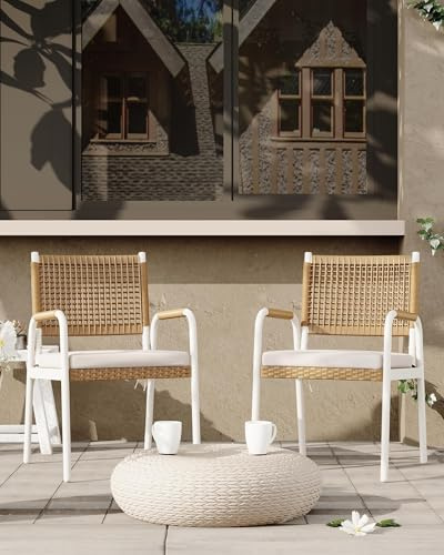 Aptliton Set of 4 Rattan Garden Armchairs with Thick Cushions, Weatherproof Polyrattan Outdoor Dining Chairs, Heavy Duty White Metal Frame Conservatory Balcony Furniture, Brown
