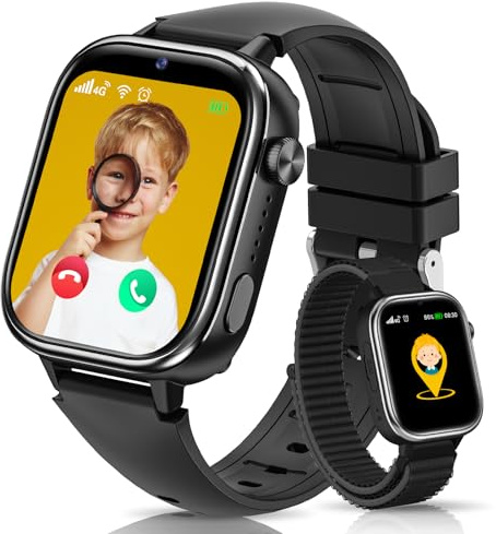 Nuevo 4G Reloj Inteligente Niño con Videollamada & GPS, Smartwatch Niños con SOS, Chat de Voz, Modo Escuela, Podómetro, Despertador, Monitor de Sueño IP68 Impermeable Regalo para Niños Niñas, Negro