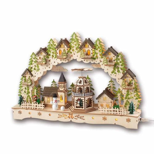 EUROtops LED-Schwibbogen mit Musik und drehender Weihnachtspyramide, Holz | Lichterbogen beleuchtet, 19 warmweiße LEDs, zuschaltbare Weihnachtsmelodien, Dorfszene, Weihnachtsdeko, Fensterdeko