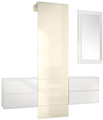 Vladon Garderobe Wandgarderobe Carlton Set 3, Made in Germany, Korpus in Weiß matt/Paneel in Creme Hochglanz