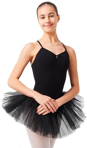 tanzmuster Ballettkleid Mädchen Tutu - Kim - weicher Baumwollstoff - Glitzersteine - Ballett Trikot mit Tüllrock für Kinder - schwarz, 152/158